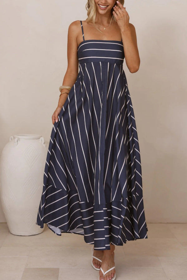 square neck spaghetti strap maxi dress Striped Print Square Neck Spaghetti Strap High Waist Casual Maxi Dress –  roschic