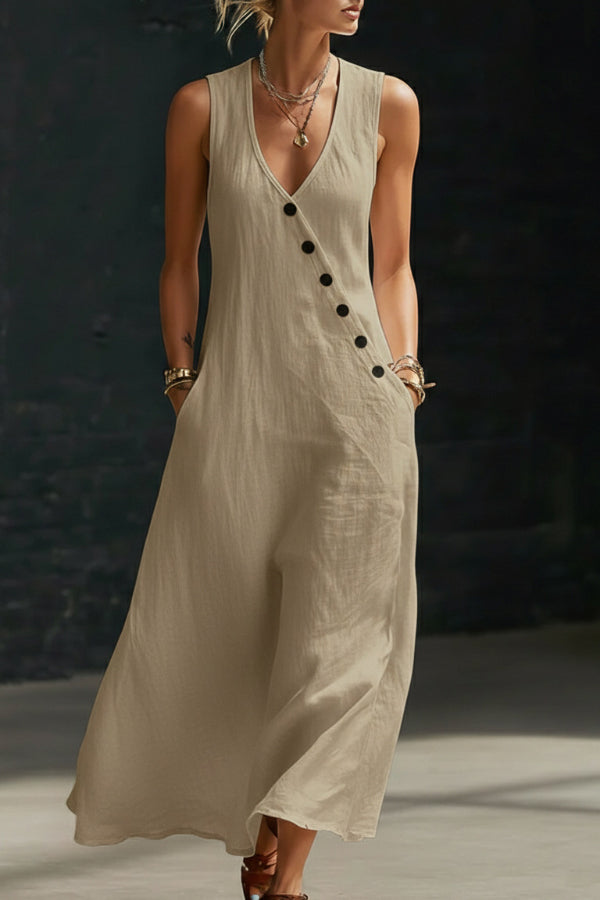 v-neck buttoned sleeveless dress in linen Linen Blend Solid Color V-neck Sleeveless Button-down Casual Pocket Midi  Dress