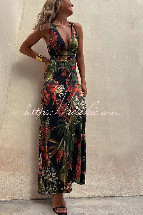 Rainforest Paradise Tropical Print Cutout Back Crossover Stretch Maxi Dress