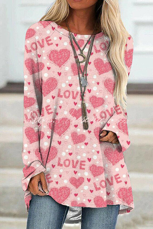 Round Neck Valentine's Day Printed Long Sleeved T Shirt