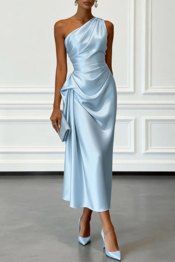 elegant midi dress Satin One-shoulder Pleated Waist Age:18-24M EXCHANGE_ONLY Liora | Midi Length asymmetrical small ruched bust