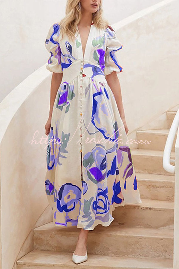 Lover's Gaze Watercolor Floral Printed Puff Sleeve Button Maxi Dress