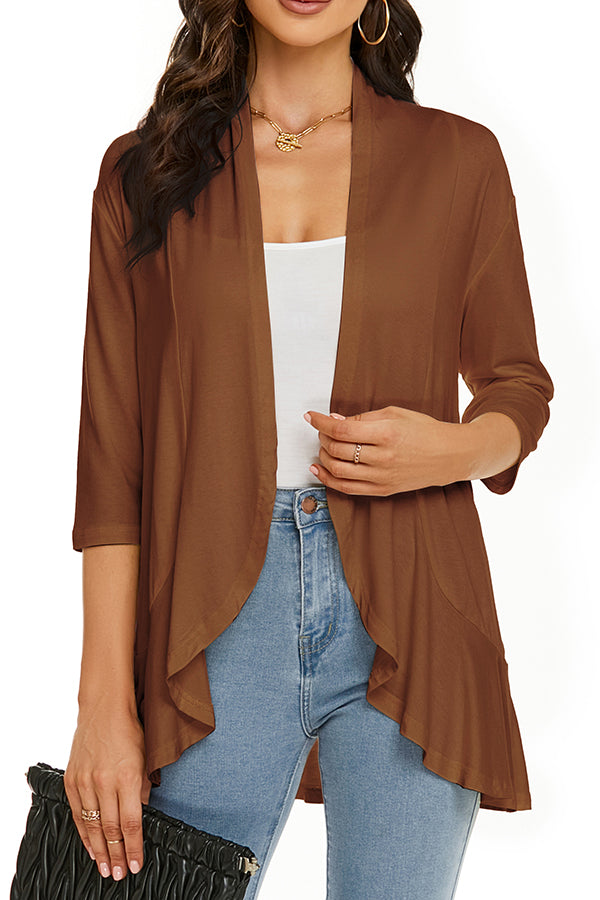 Solid Color Casual Three-quarter Sleeve Ruffled Loose Cardigan