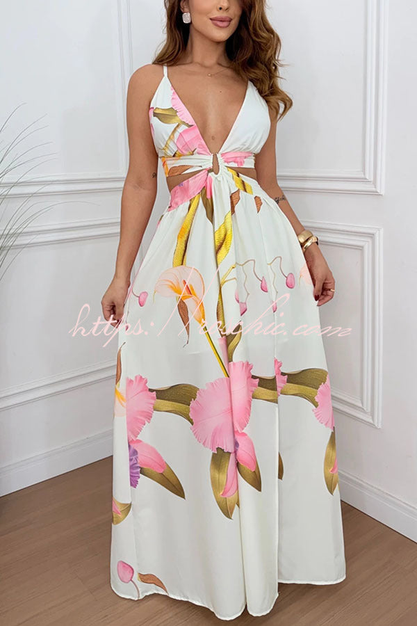 Seinah Floral Print Cutout Waist Open Back Lace-Up Slit Maxi Dress Seinah Floral Print Cutout Waist Open Back Lace-Up Slit Maxi Dress
