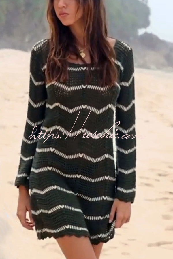 Fashion Striped Round Neck Long Sleeve Knit Cover Up Mini Dress