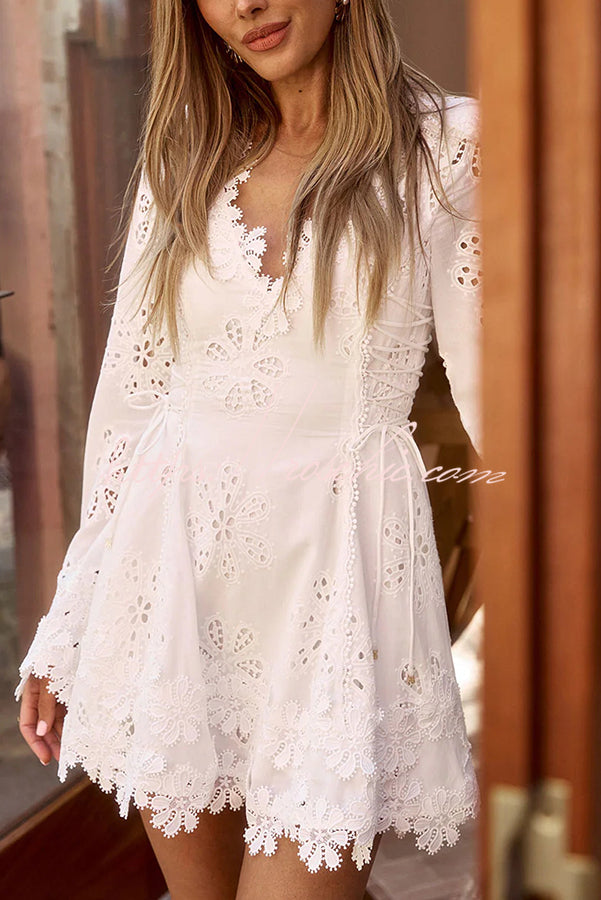 Diaz Embroidery Hollow Fabric Delicate Flower Trim Long Sleeve Side Lace-up Mini Dress