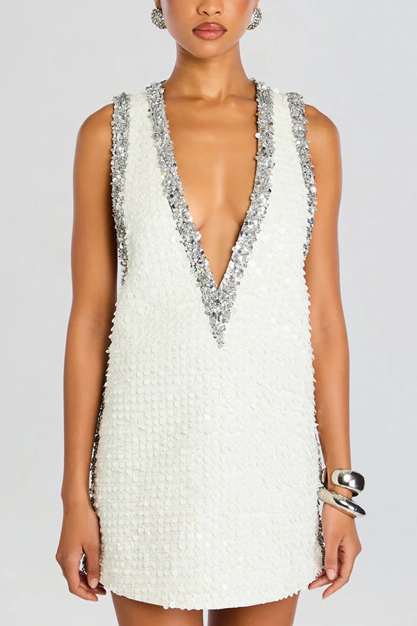 Cocktail Charm Sequin Colorblock Trim V-neck Sleeveless A-line Mini Dress (Shipped Within 24 Hours)