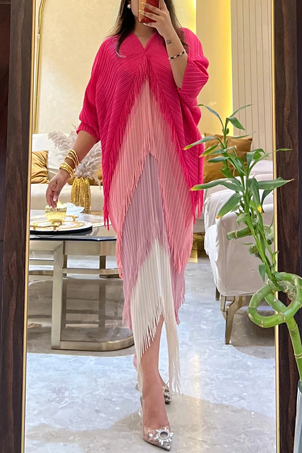 Fashionable Color-blocked Multi-layered Tassel Loose Midi Dress