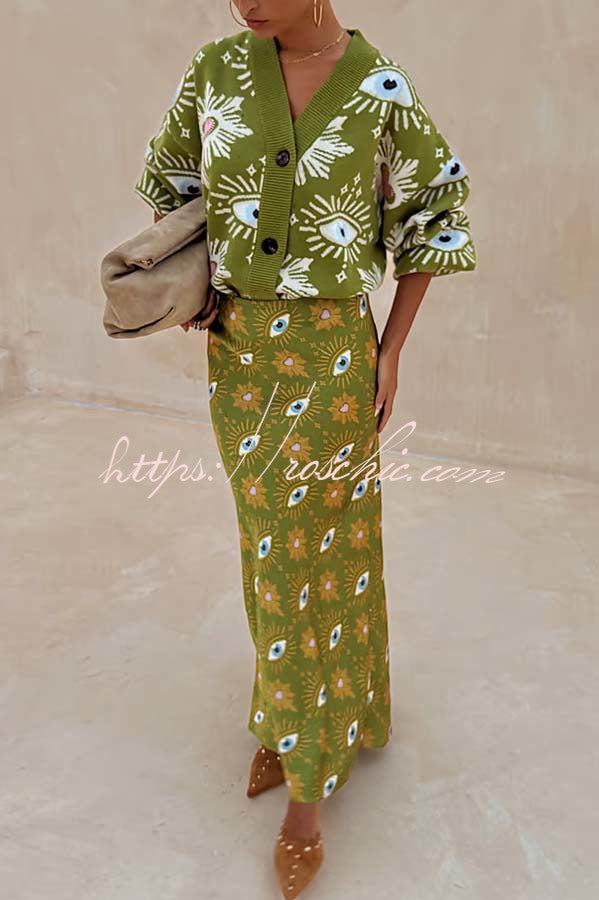 Mysterious Magic Satin Eye Heart Pattern Elastic Waist Drape Maxi Skirt