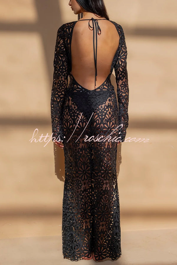 Ocean Breeze Crochet Lace Floral Pattern Backless Tie-up Vacation Maxi Dress