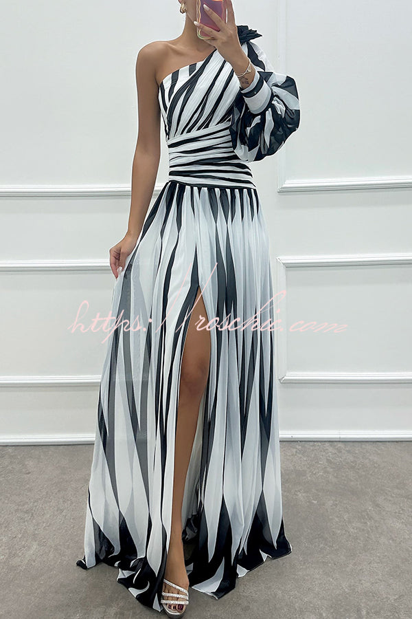 Purely Charming Printed Rose Pendant One Shoulder Pleated Slit Maxi Dress