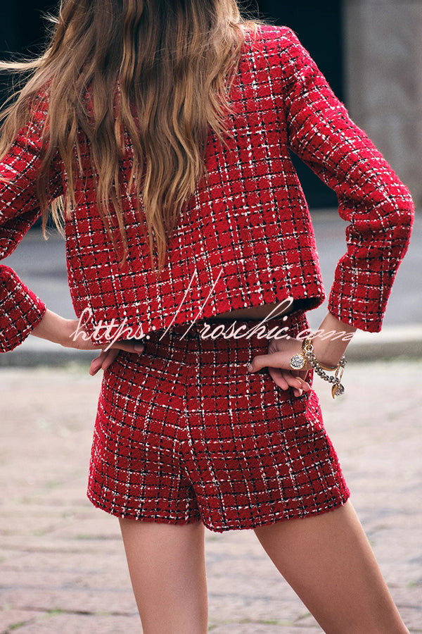 Tweed Plaid Textured Long-sleeved Casual Pocket Jacket