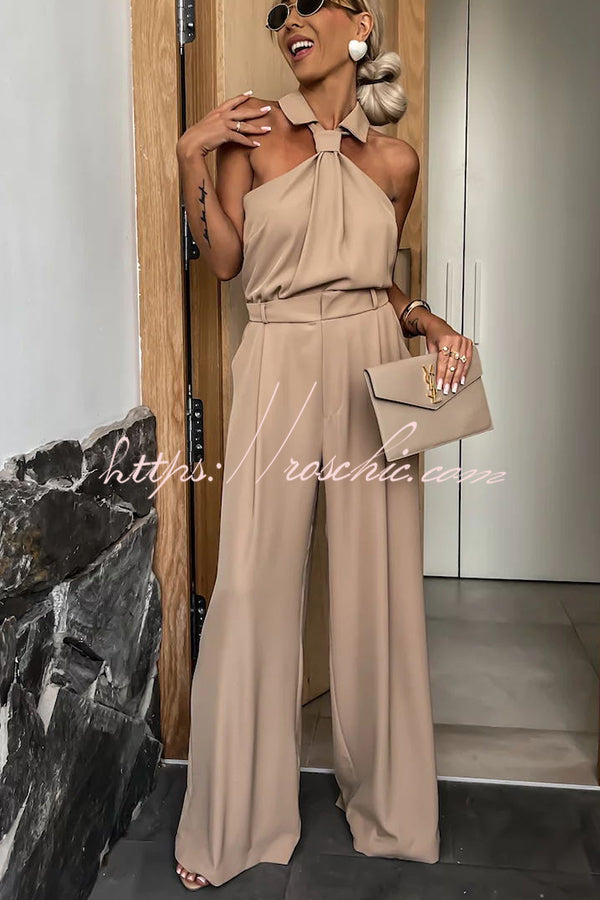 Fashionable Unique Look Halter Shirt Collar Pocketed Wide Leg Jumpsuit