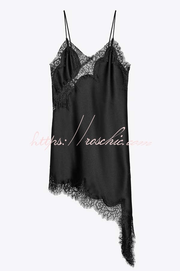 Elouise Satin Lace Trim V-neck Asymmetrical Hem Slip Mini Dress