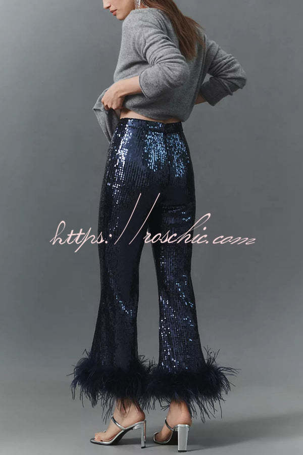 New Year Eve Sequin Feather Trim High Rise Back Zipper Flare Pants
