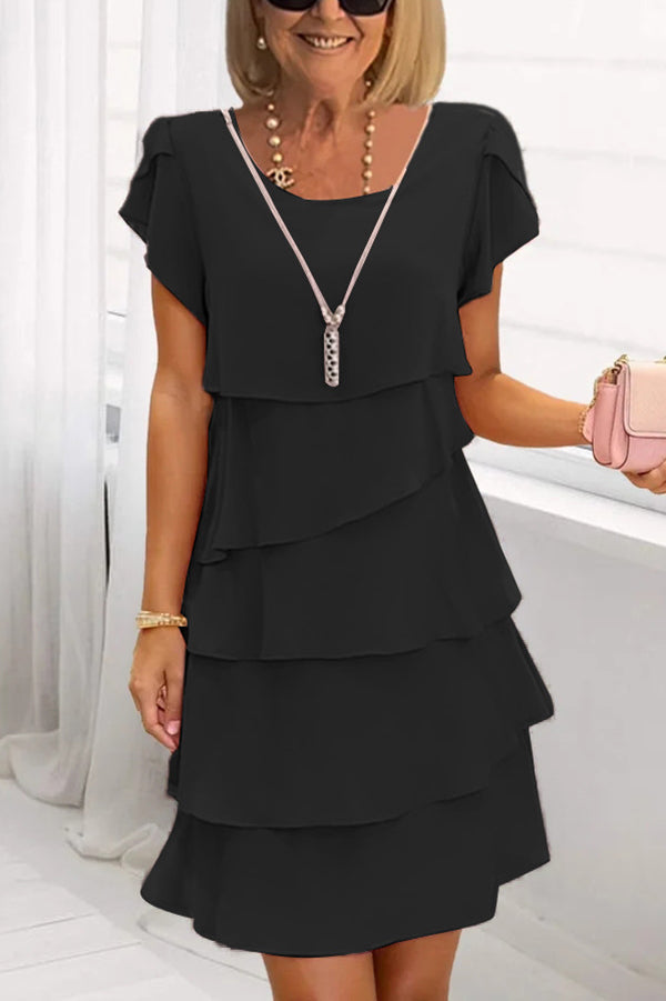 Solid Color Round Neck Short Sleeve Casual Multi-Layered Mini Dress, Black / M Solid Color Round Neck Short Sleeve Casual Multi-Layered Mini Dress, Black / M