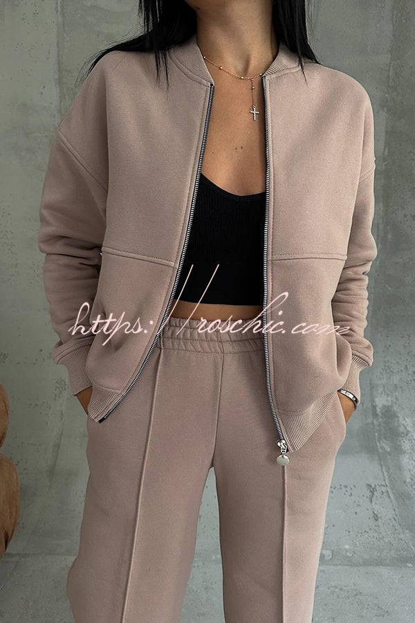 Solid Color Casual Long Sleeve Zipper Jacket and Elastic Waist Pocket Wide Leg Pants Set