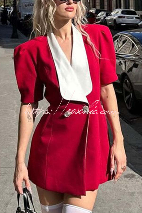 Stylish Contrast Lapel Backless Bow Shirt Style Pocket Mini Dress