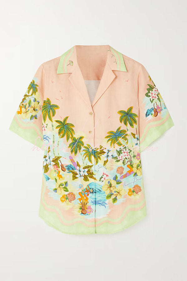 Coconut Scenery Linen Blend Tropical Print Blouse and Elastic Waist Pocketed Shorts Set