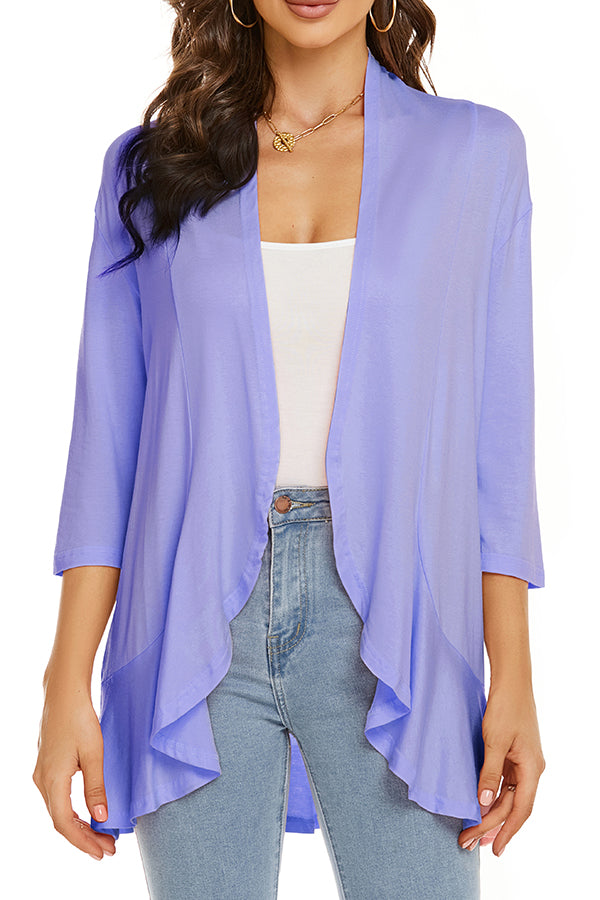 Solid Color Casual Three-quarter Sleeve Ruffled Loose Cardigan