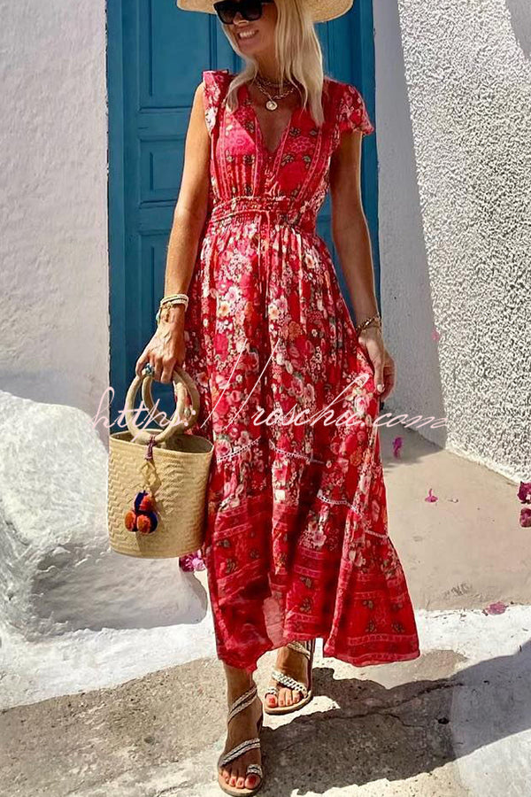 Summer in Greece Boho Print Ruffle Sleeve Elastic Waist High-low Midi Dress