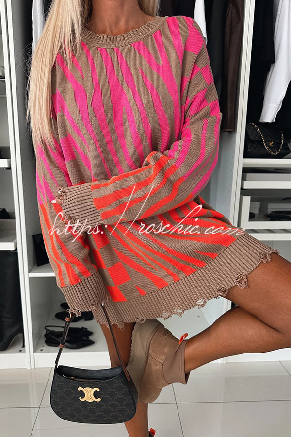 Fashionable Knit Zebra Geometric Pattern Frayed Hem Loose Sweater