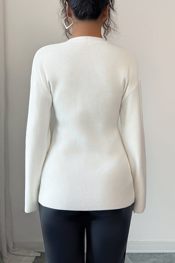 Solid Color V-neck Long-sleeved Elegant Knitted Top