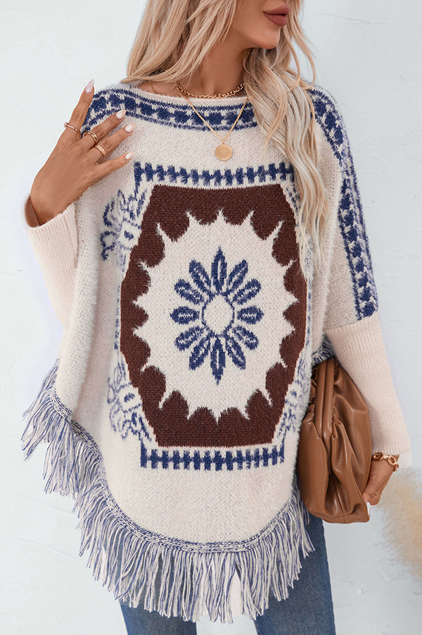 Ethnic Style Loose Long-sleeved Tassel Hem Knitted Sweater