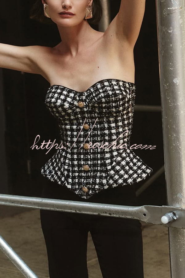 Maya Check Bouclé-tweed Fabric Sweetheart Neck Gold Button Strapless Tank