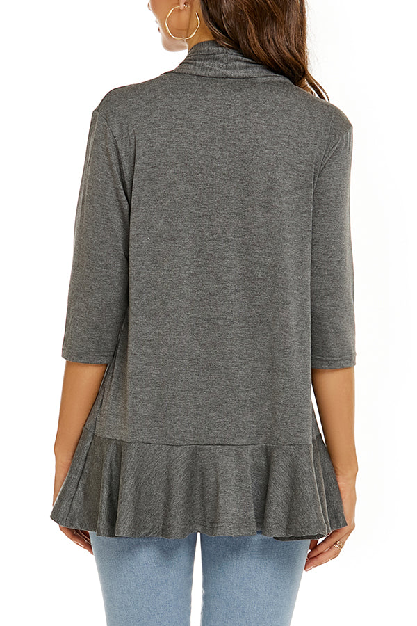Solid Color Casual Three-quarter Sleeve Ruffled Loose Cardigan