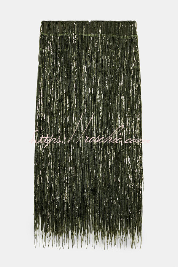 Party Crasher Layered Sequined Tassels High Rise Back Zipper Midi Skirt (Shipped Within 24 Hours)