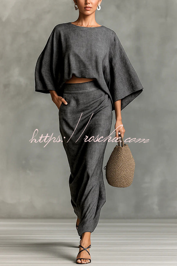Linen Blend Batwing Sleeve Loose Top and Casual Pocket Maxi Skirt Set