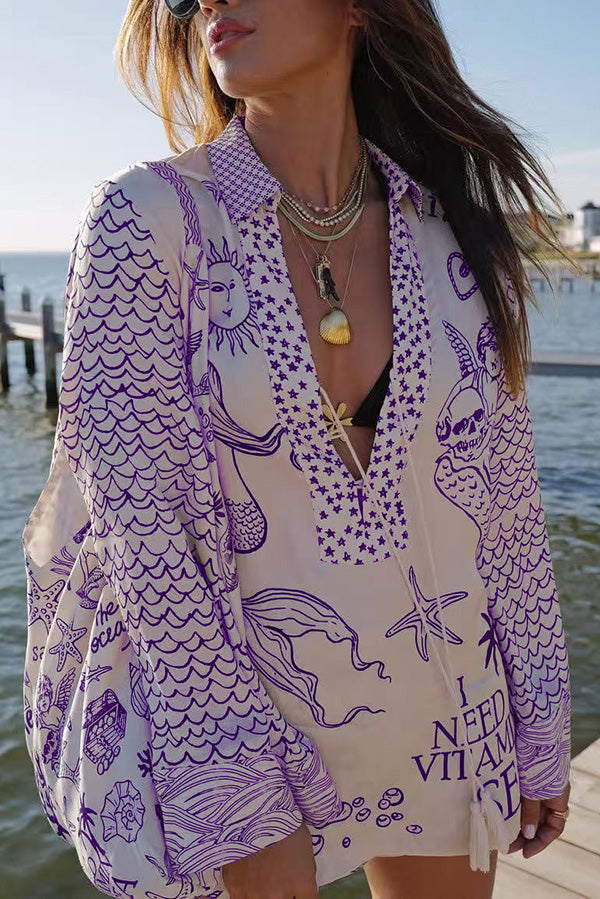 Unique Printed V-neck Long-sleeved Loose Top and Elastic Waist