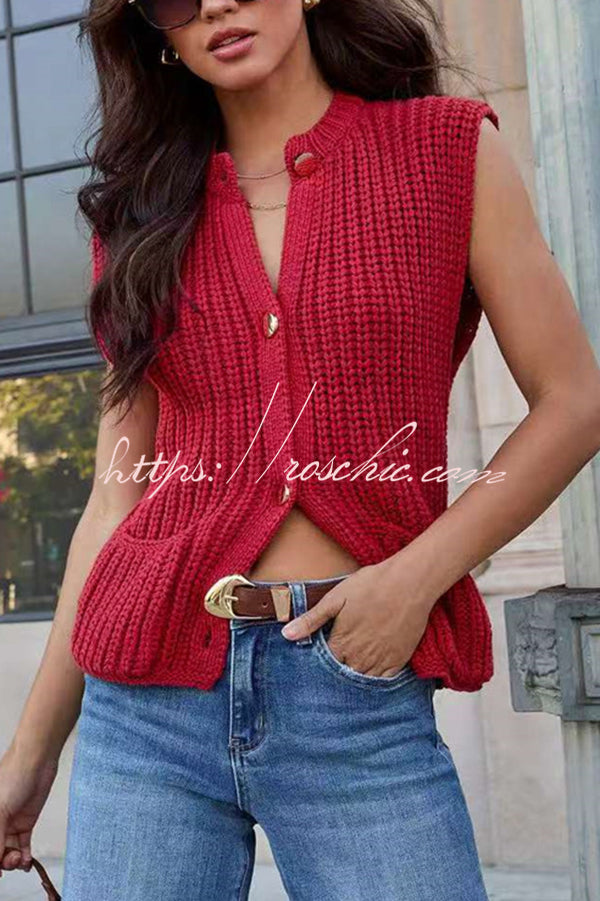 Solid Color Sleeveless Button Pocket Knit Vest