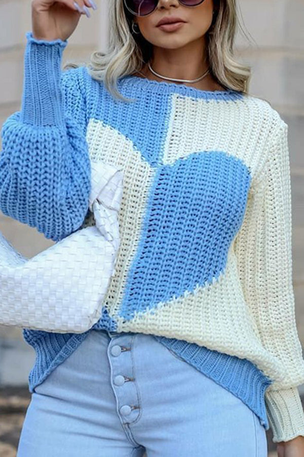 Round Neck Bell Sleeves Heart Contrast Knitted Long Sleeved Sweater