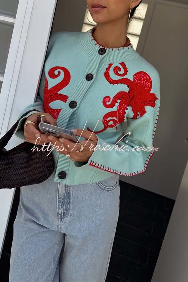 Coastal Fashion Knit Octopus Graphic Contrast Piping Button Up Loose Cardigan