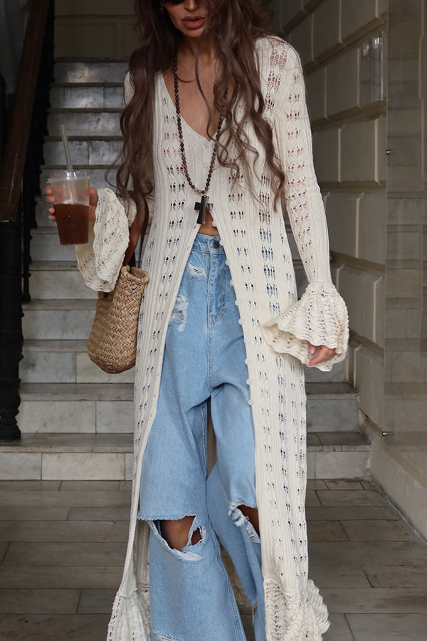 Fashion Hollow V-neck Long-sleeved Casual Knitted Cardigan