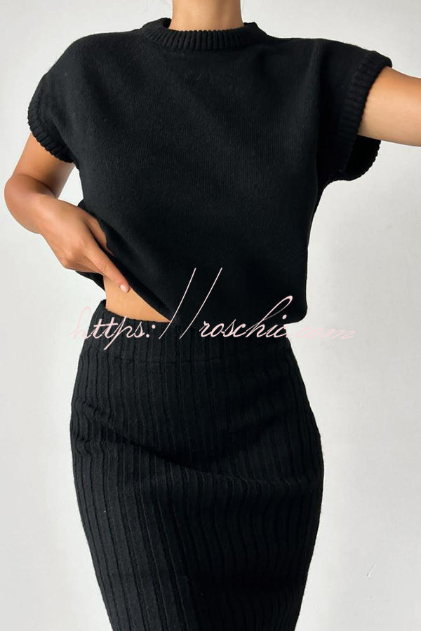 Triko Knit Short Sleeve Sweater and Stretch Ribbed Midi Skirt Set