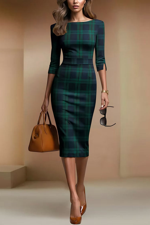 Plaid Print Half Sleeves Fitted Elegant Midi Dress roschic Plaid Print Half Sleeves Fitted Elegant Midi Dress roschic