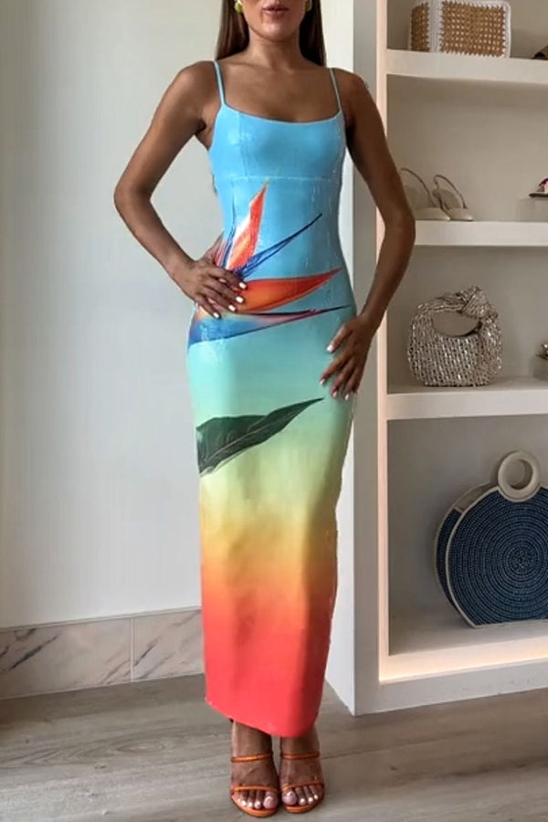 Dreamy Dreamy Sequin Unique Floral Gradient Print Slit Stretch Maxi Dress, Blue / S Dreamy Dreamy Sequin Unique Floral Gradient Print Slit Stretch Maxi Dress, Blue / S