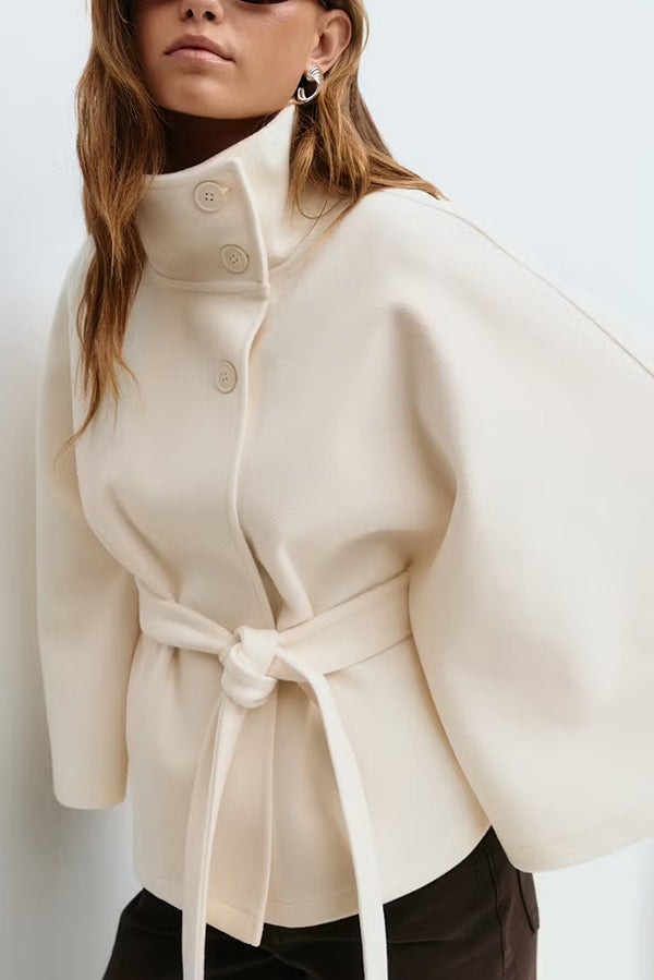 Fashionable Stand Collar Button Waist Tie Loose Cape