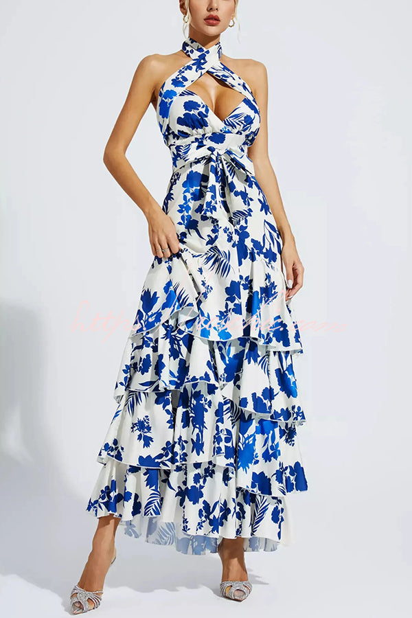 Gorgeous Styling Botanical Print Halter Neck Open Back Tiered Hem Maxi Dress