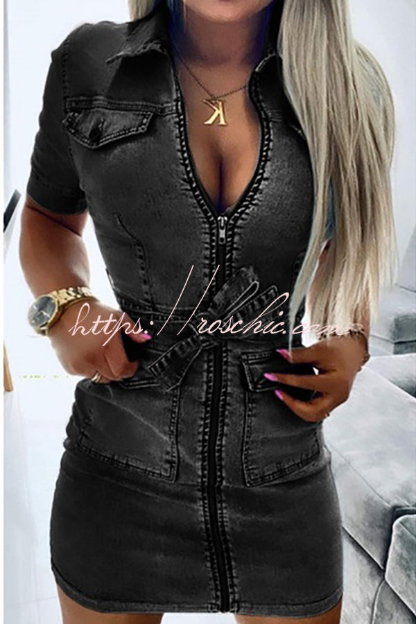 Tie Waist Zipped Pocket Denim Mini Dress