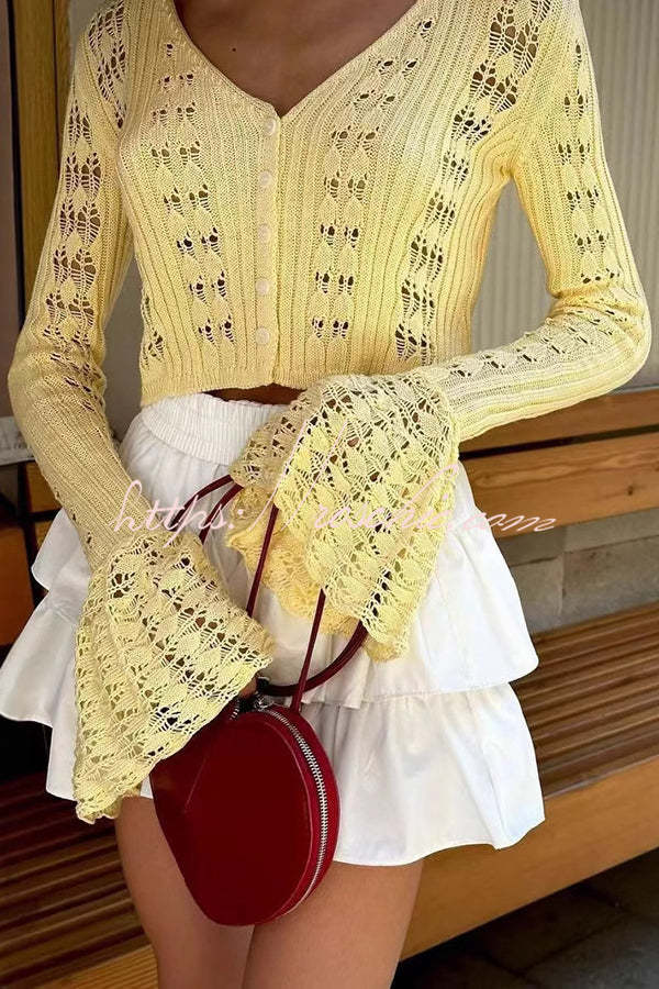 Fashion Hollow Button Long Sleeve V-neck Knitted Cardigan