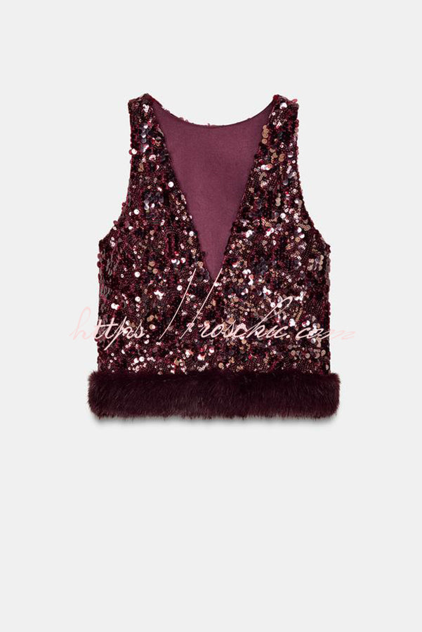 Gala Goddess Sequin Faux Fur Trim Crew Neck Sleeveless Loose Top