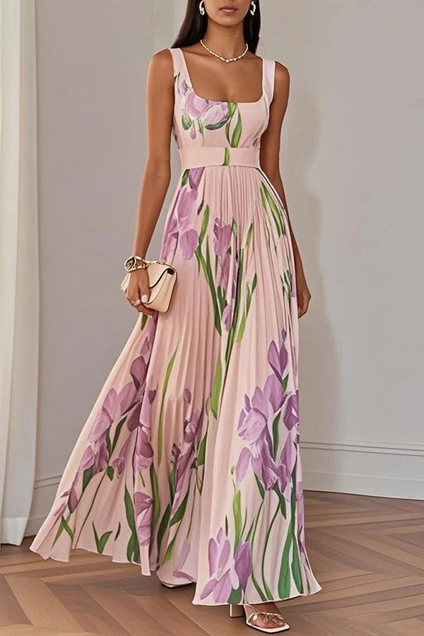 Floral Print Square Neck Suspender Pleated Maxi Dress