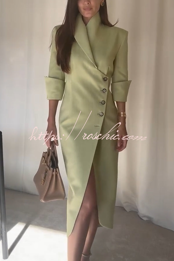 Elegant Look Linen Blend Stand Lapel Neck Half Sleeve Side Button Midi Dress