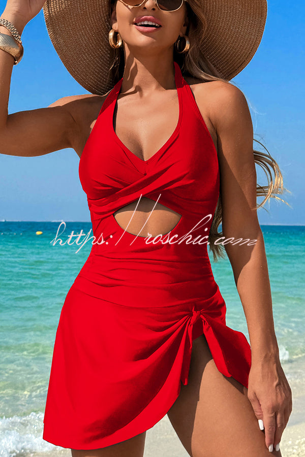 Fashionable Halterneck Waist Hollow Stretch One-piece Swimsuit