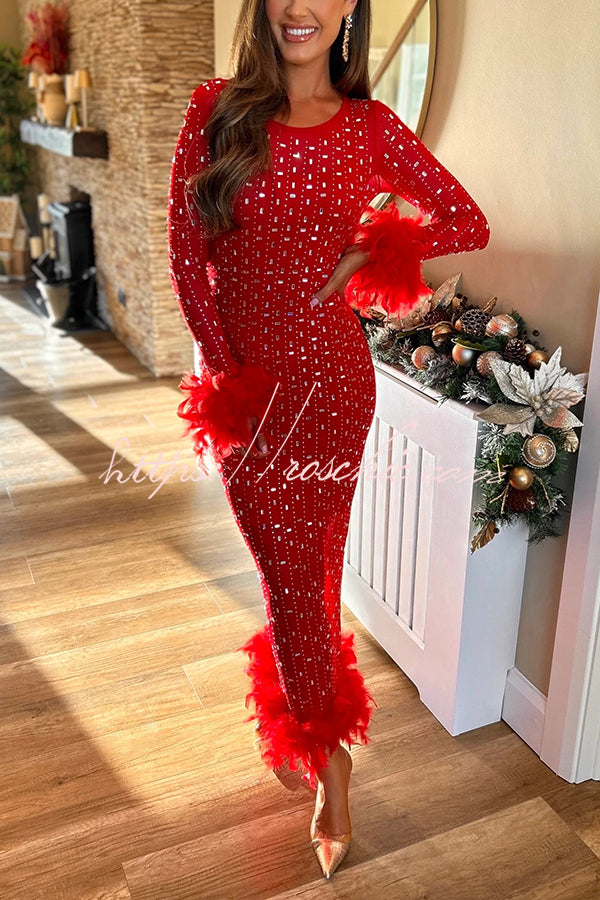 Sexy Long Sleeve Round Neck Feather Edge Rhinestone Decoration Slim Fit Maxi Dress