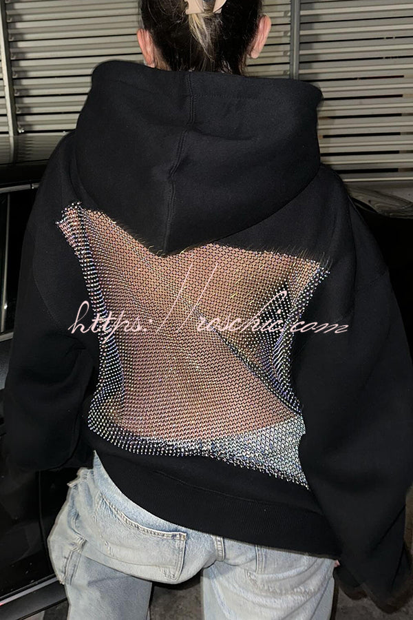 Fashionable Shiny Mesh Hollow Back Loose Long-sleeved Hooded Sweatshirt